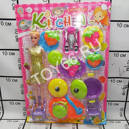 Кукла + набор посуды 7555